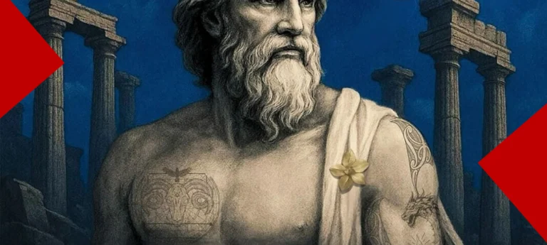 Image représentant un dieu grec devant des colonnes. Il regarde vers la droite.