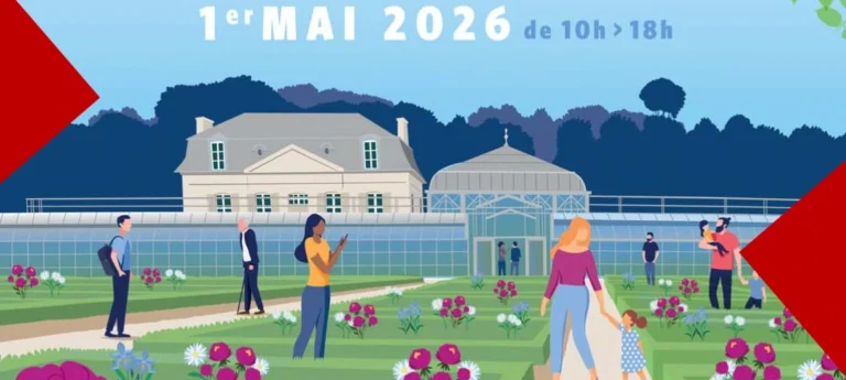 Illustration du Jardin des Plantes d'Amiens annonçant la Réderie Verte du 1er mai 2026, de 10h à 18h. On y voit des promeneurs dans les allées fleuries devant les serres et le pavillon historique, dans un style graphique épuré et coloré.
