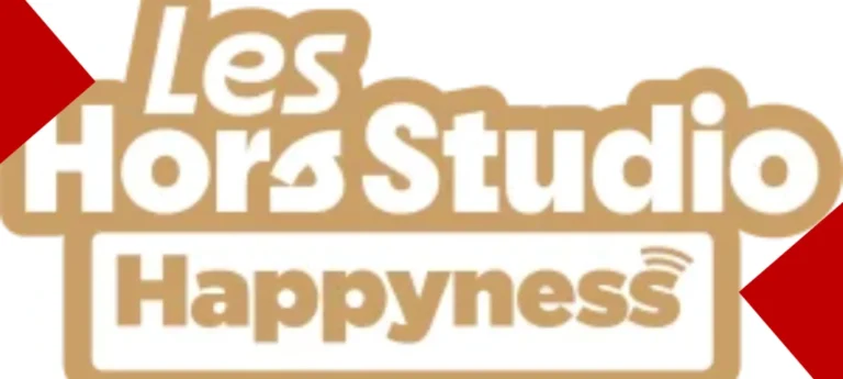 Image du logo Les Hors studio happyness sur un fond blanc avec des triangles rouge en en haut à gauche et en bas à droite
