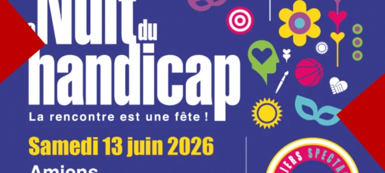 Affiche « La Nuit du handicap », samedi 13 juin 2026 à Amiens. Illustration festive et colorée avec le slogan « La rencontre est une fête !