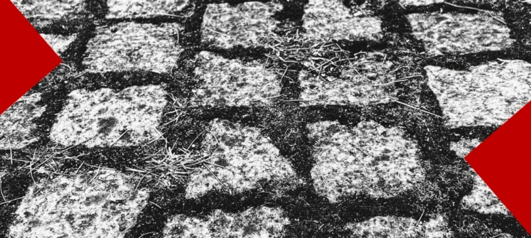: Une image en noir et blanc texturée de gros pavés de pierre de granit, vus de dessus. De l'herbe sèche et des débris sont éparpillés sur les pierres et dans les joints. De grandes formes triangulaires rouges et unies encadrent l'image dans les coins supérieur gauche et inférieur droit.